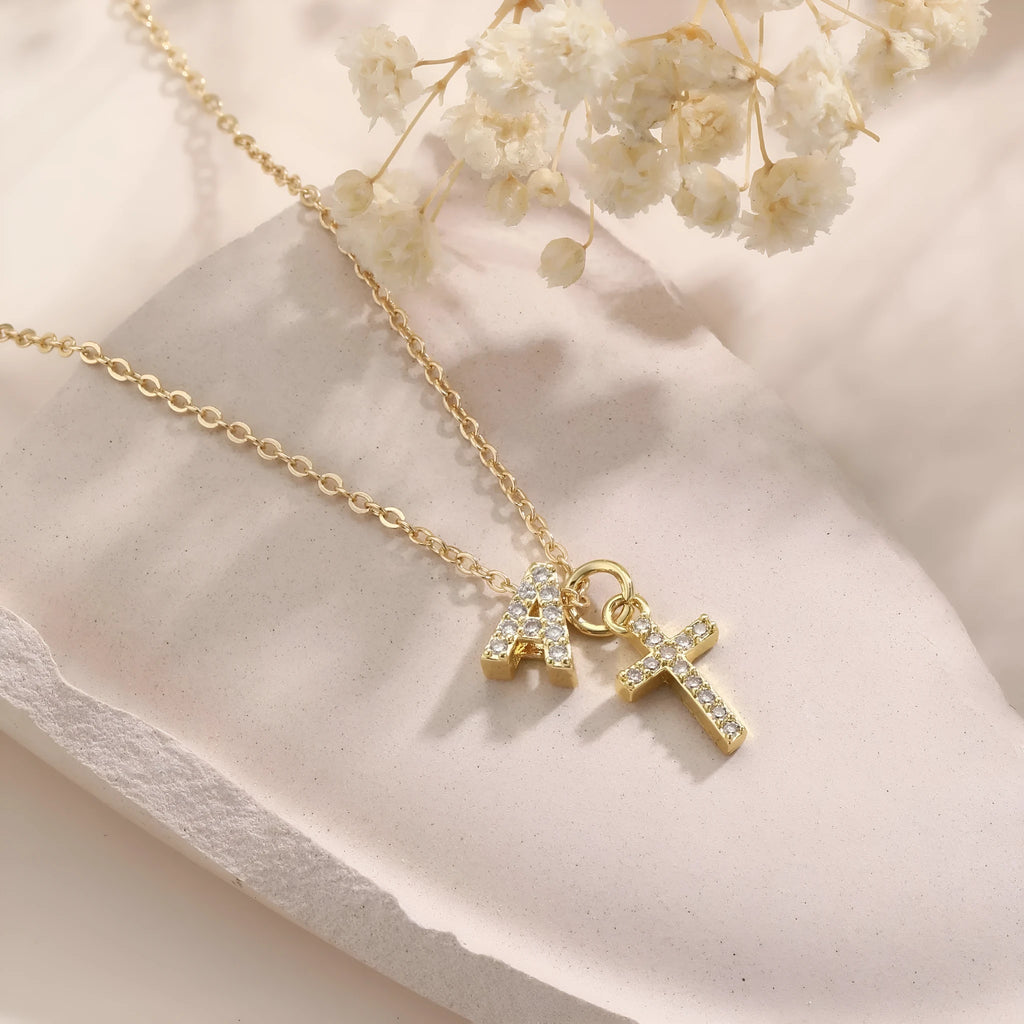 Copper letter pendant necklace with zircon inlay in A style electroplated finish on regular chain