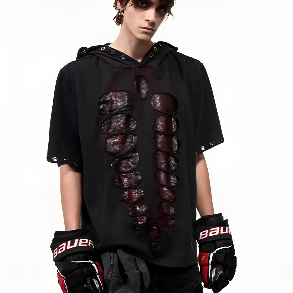 Black hooded men's T-shirt with sequin detailing and loose-fitting short sleeve design