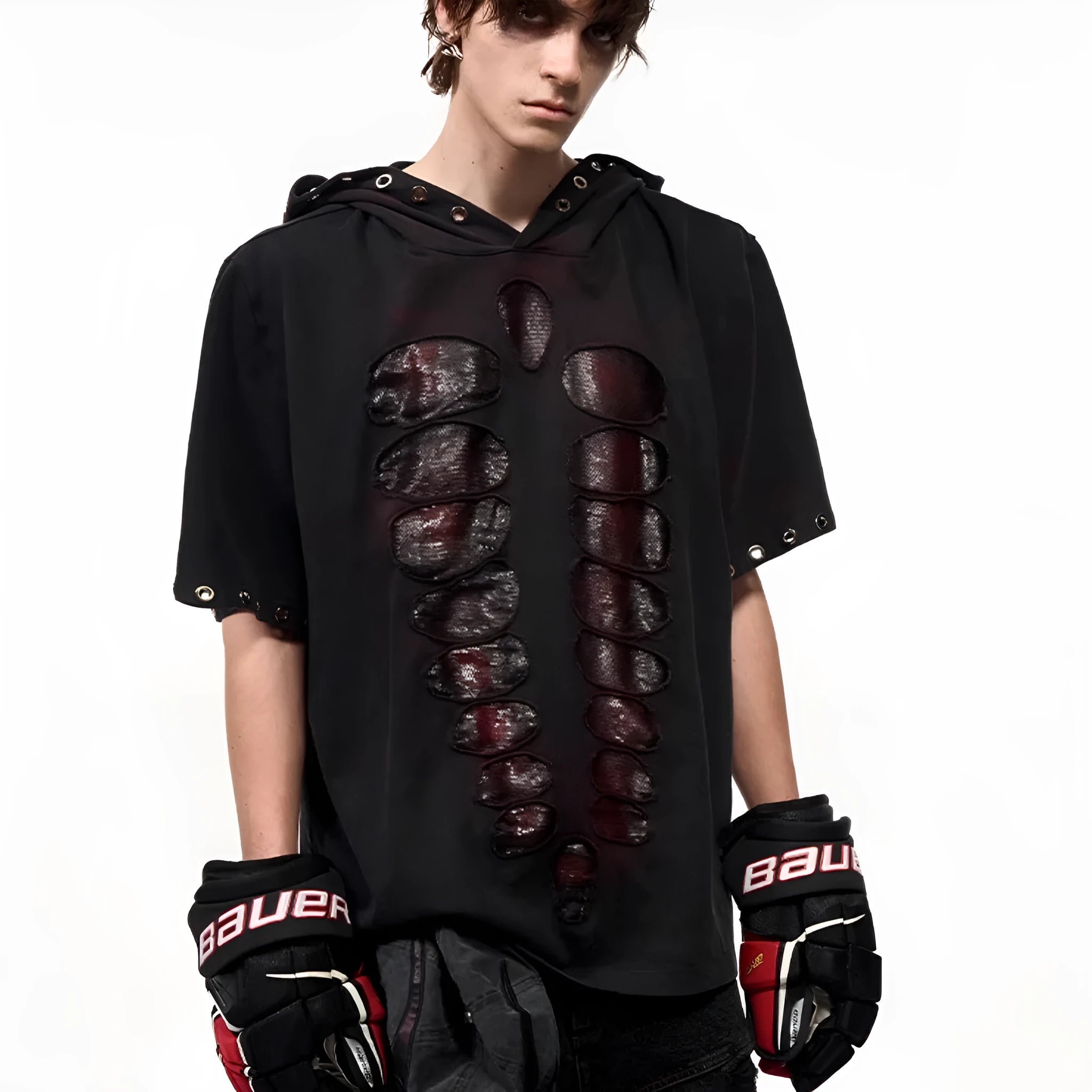 Black hooded men's T-shirt with sequin detailing and loose-fitting short sleeve design