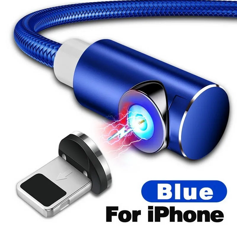 Black magnetic USB charging cable with detachable Micro USB, Lightning, and Type-C heads on a white background.