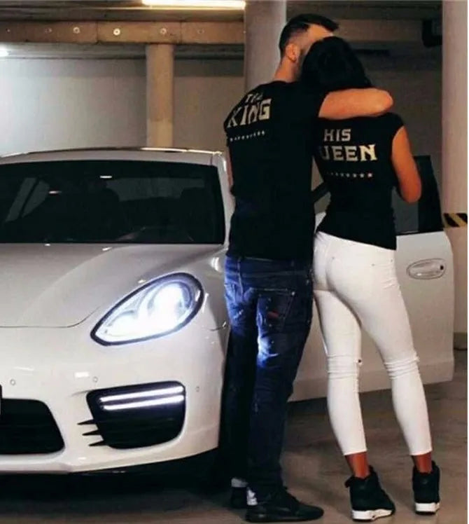 Printed black short sleeve T-shirt for men and women, knitted polyester fabric, straight fit, front view