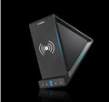 Black multifunctional Bluetooth speaker with integrated wireless charging power bank and mobile phone stand.