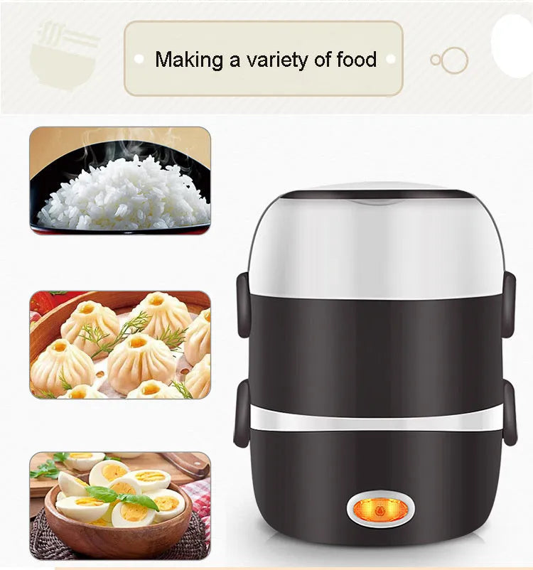 USB-powered lunch box with 200W heating capacity showing two-layer and three-layer configuration options
