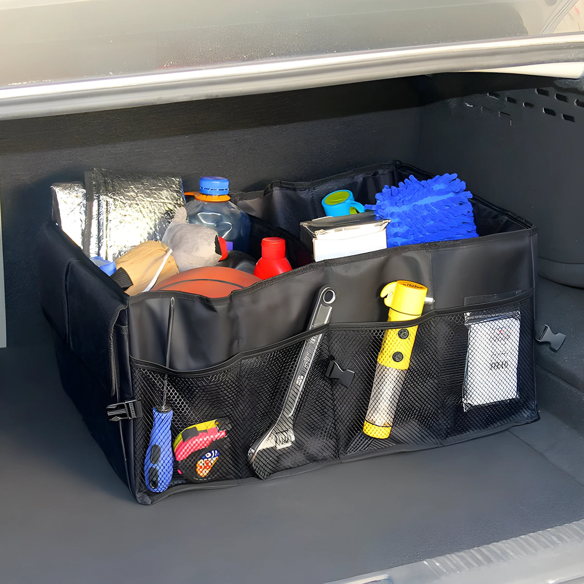 Black foldable car storage organiser in non-woven material, 40cm x 26cm folded size, for packages and shopping