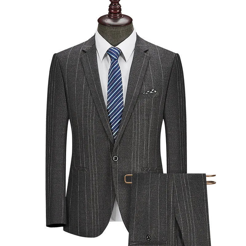 Men's casual striped two-piece business suit in grey, flat collar, back slit, button decoration, sizes S-4XL