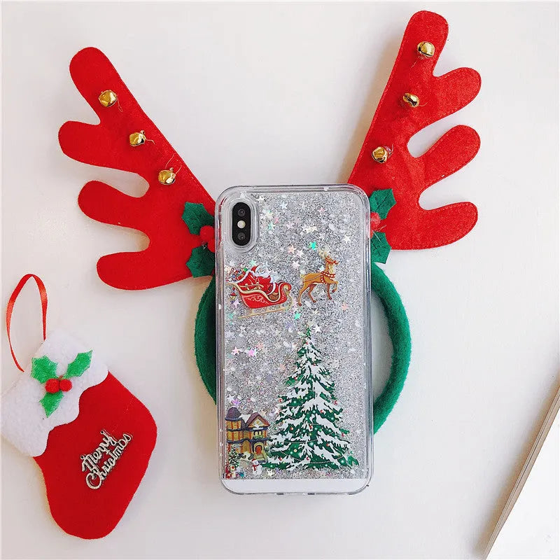 Christmas quicksand design phone case with Santa Claus pattern for iPhone and Samsung devices