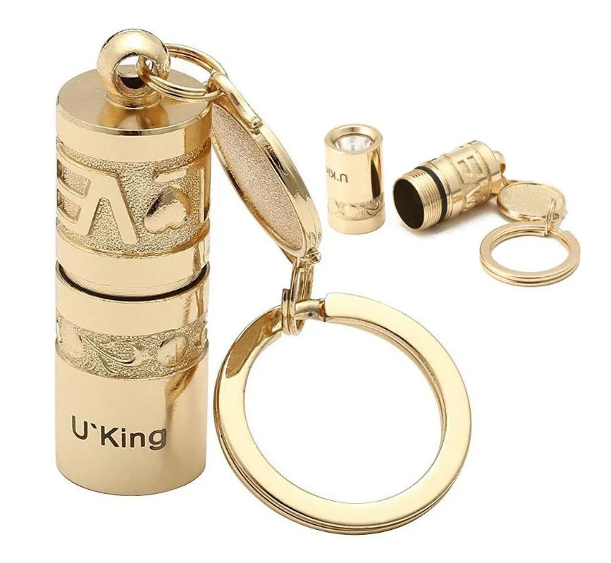 Gold zinc alloy waterproof LED flashlight keychain with keyring attachment