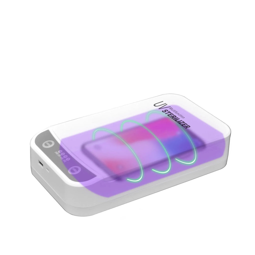 UV disinfection box open, showing internal chamber sized for a mobile phone.