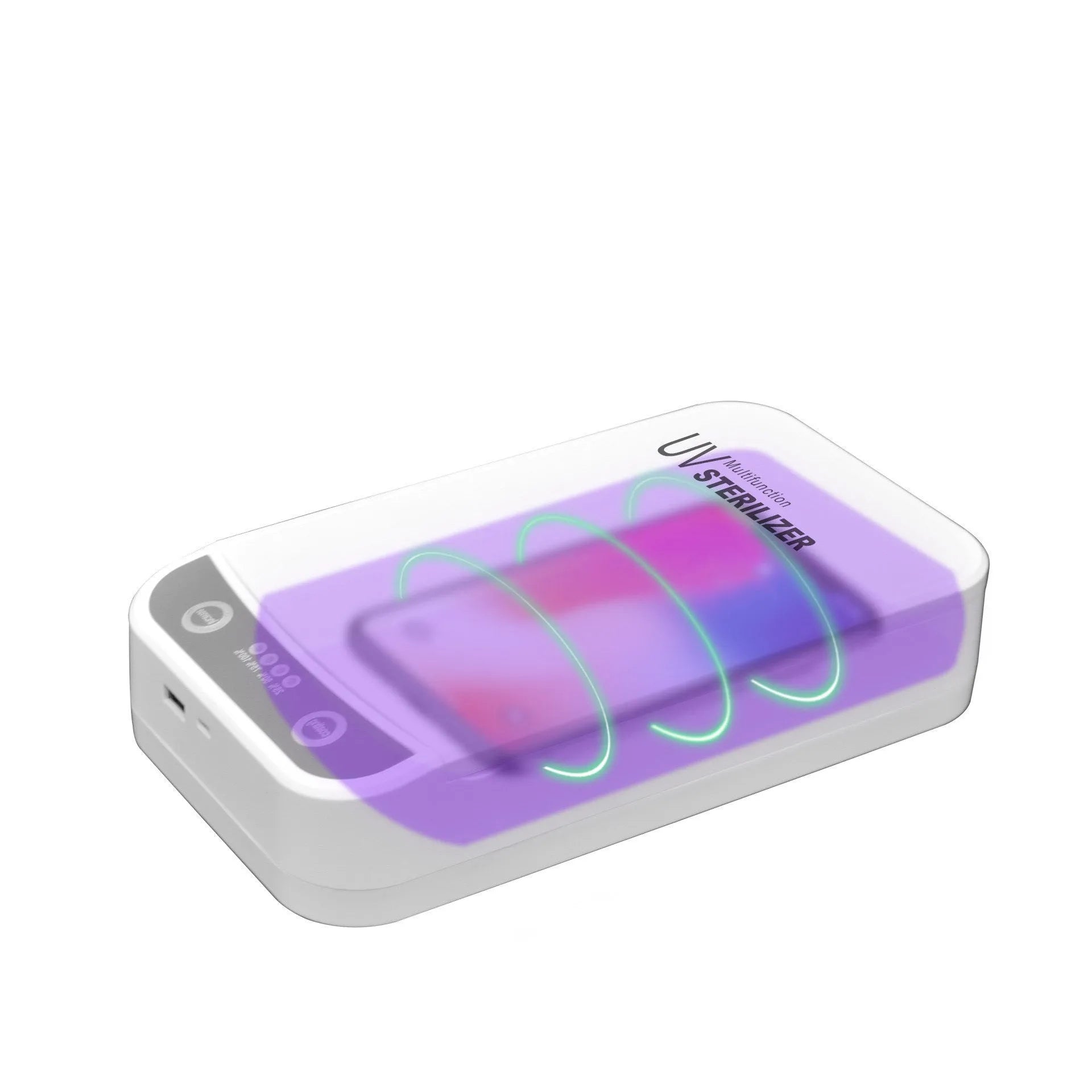 UV disinfection box open, showing internal chamber sized for a mobile phone.