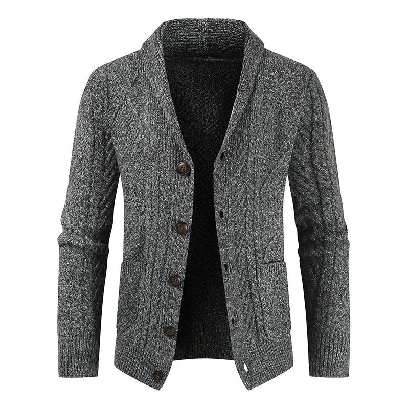 Men's knitted cardigan v-neck loose thick sweater jacket in black, front view