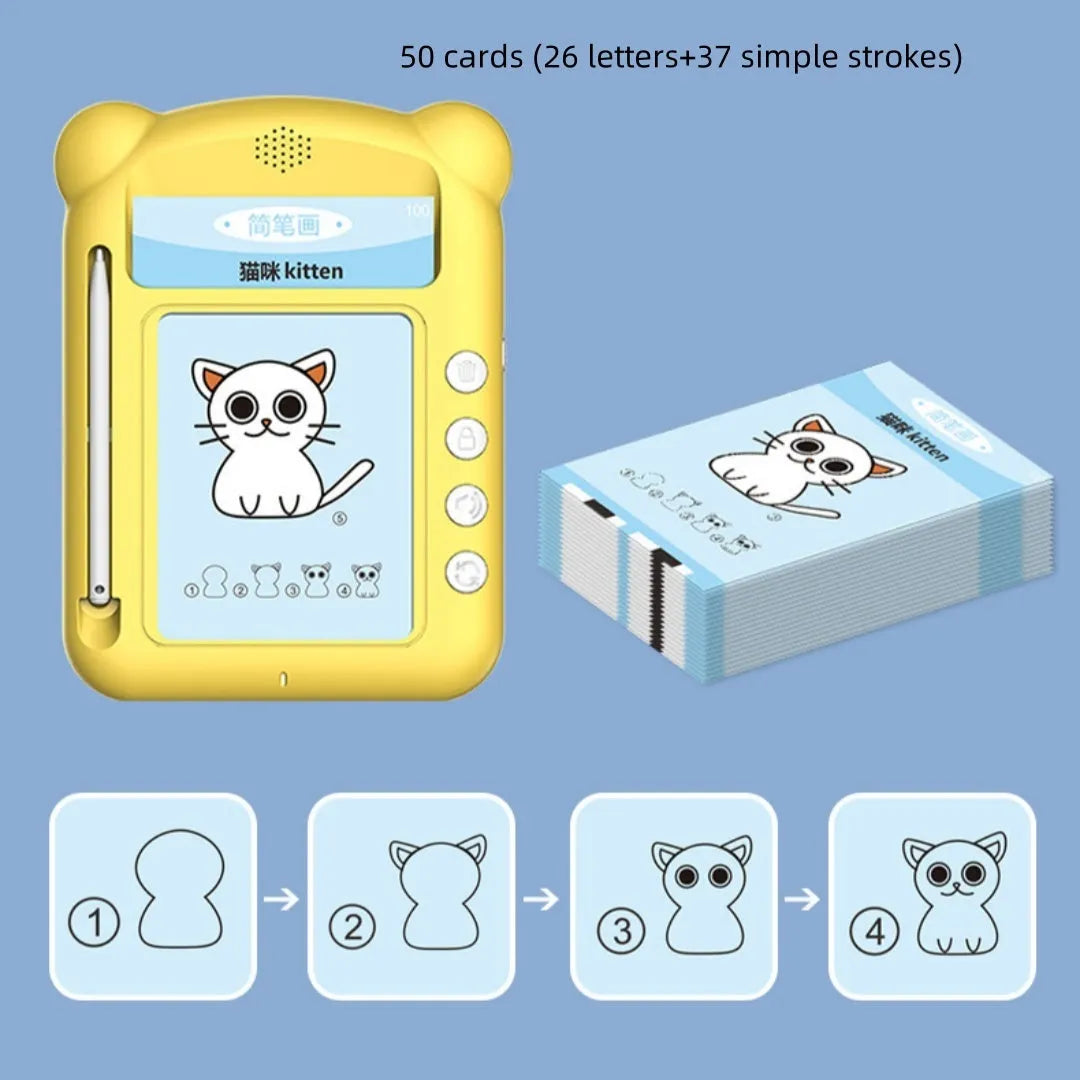 Yellow ABS plastic early learning machine with creative stick figure design and educational cards
