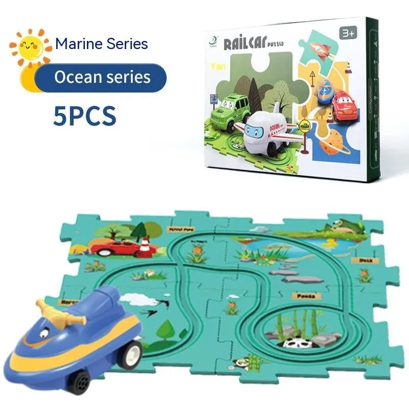 Children puzzle electric railroad speeder with automatic car and dinosaur-themed puzzle track pieces on floor