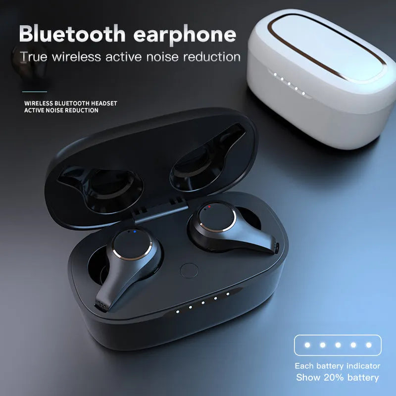 Black and white ANC Active Noise Cancelling Bluetooth headphones with earplug design.