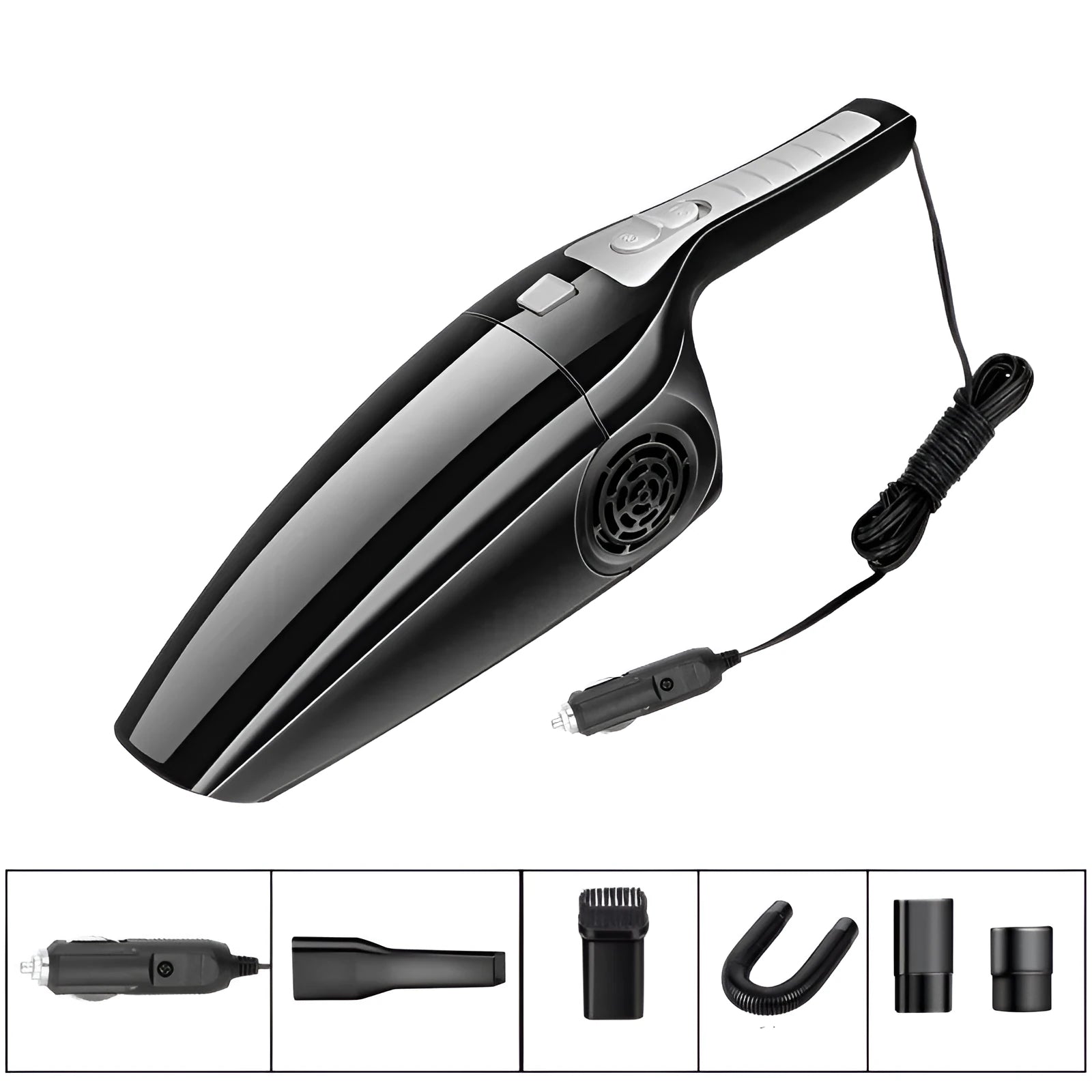 Black and orange high-power 12V car vacuum cleaner with compact design.