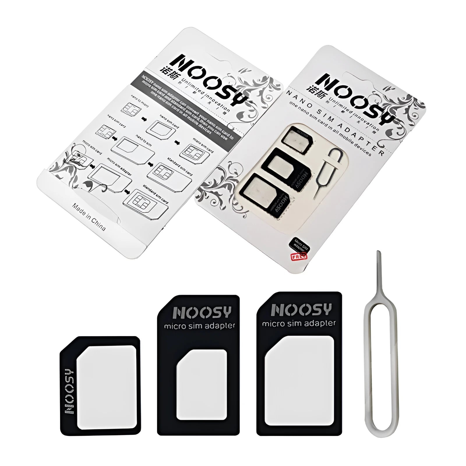 Three SIM card adapters for nano to micro and standard conversion in black and white colours