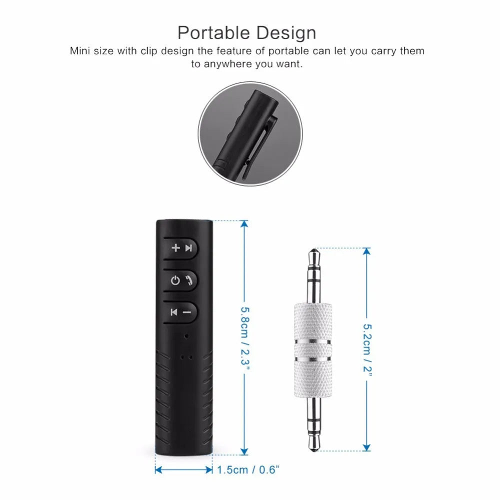 Black Bluetooth car audio adapter with 3.5mm aux connector and Mini USB charging port