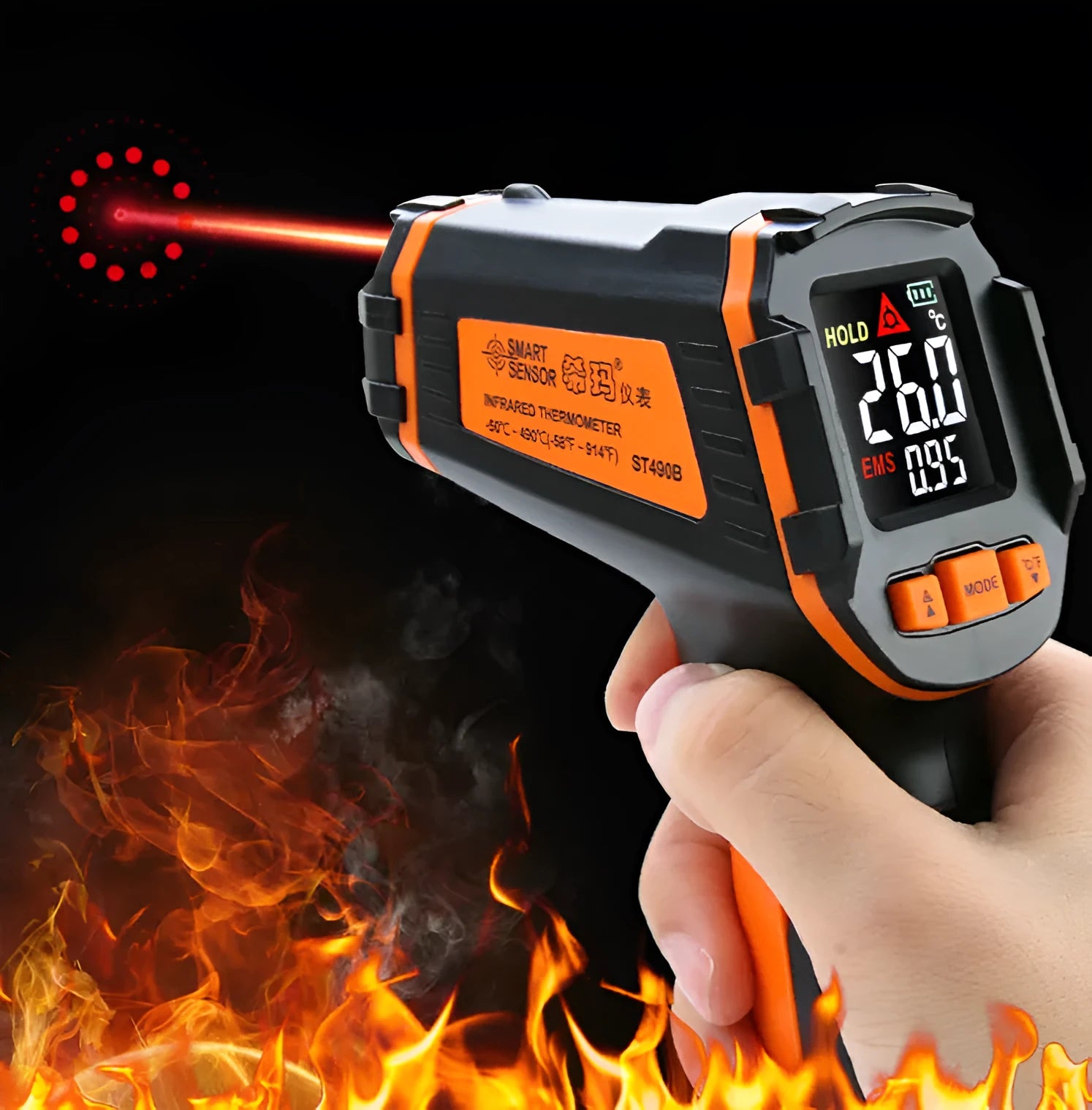 ST390A handheld infrared high temperature thermometer for industrial and studio use.