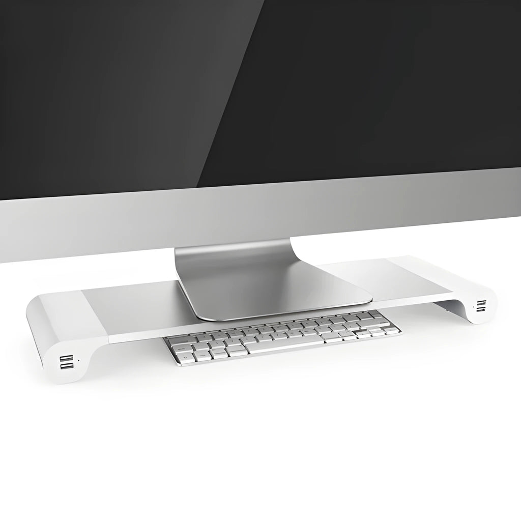 Black computer monitor stand with USB ports on the front and a hidden keyboard storage compartment underneath