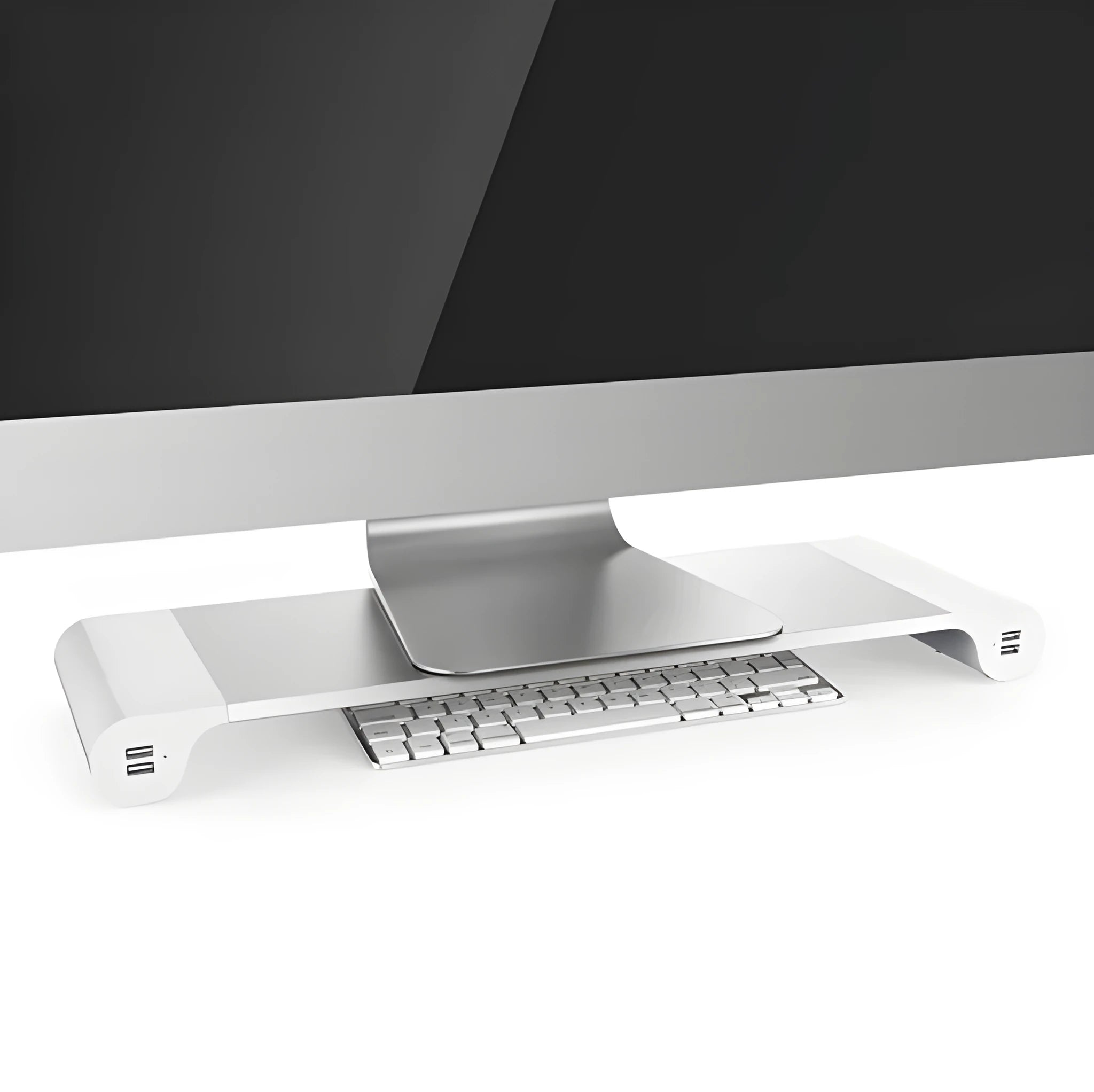 Black computer monitor stand with USB ports on the front and a hidden keyboard storage compartment underneath