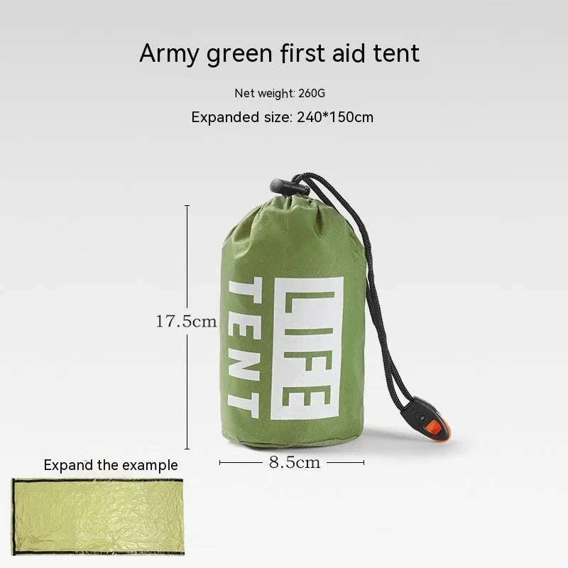 Orange disaster relief tent with sleeping bag and raincoat emergency package