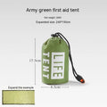 Orange disaster relief tent with sleeping bag and raincoat emergency package