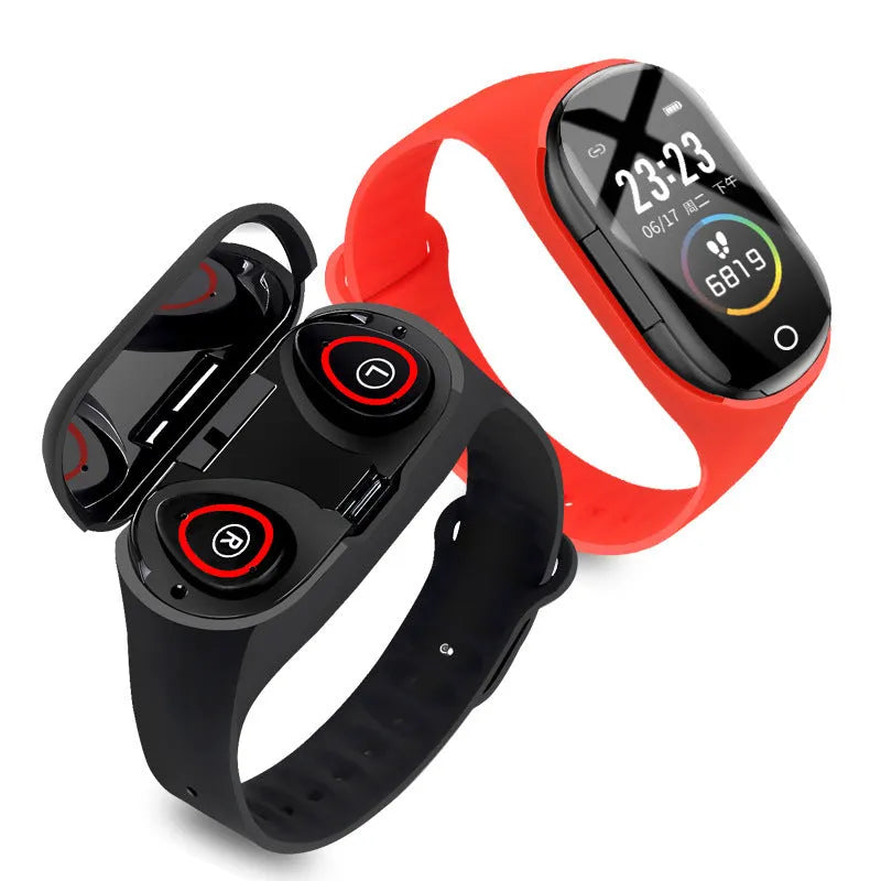 Black silicone smart wristband with 1-inch touchscreen and wireless earphone combination for Android devices
