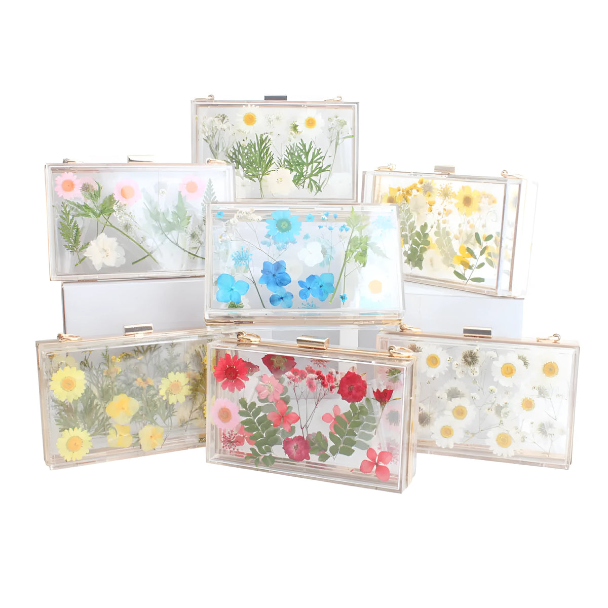 Acrylic transparent flower shoulder messenger bag with hard outer, horizontal square shape, O-shaped necklace, shown in blue.