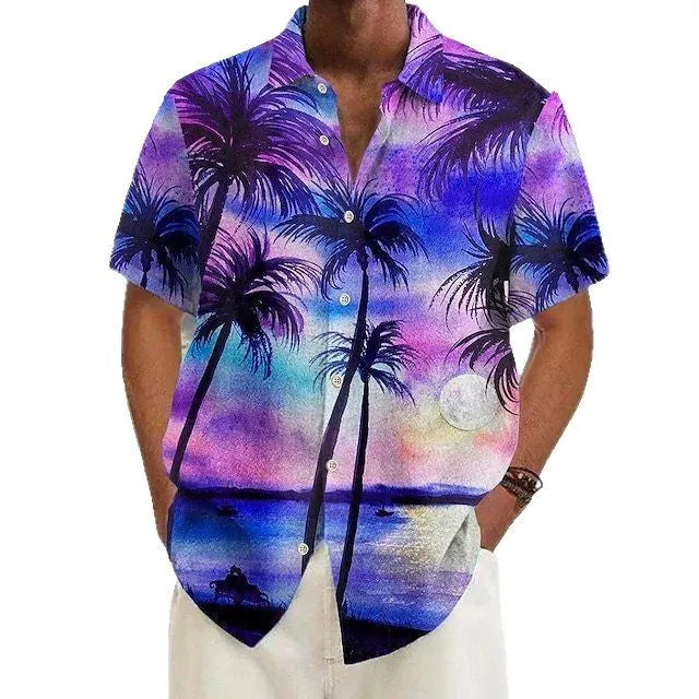 Men's printed casual polyester shirt shown in one of eight available colours.