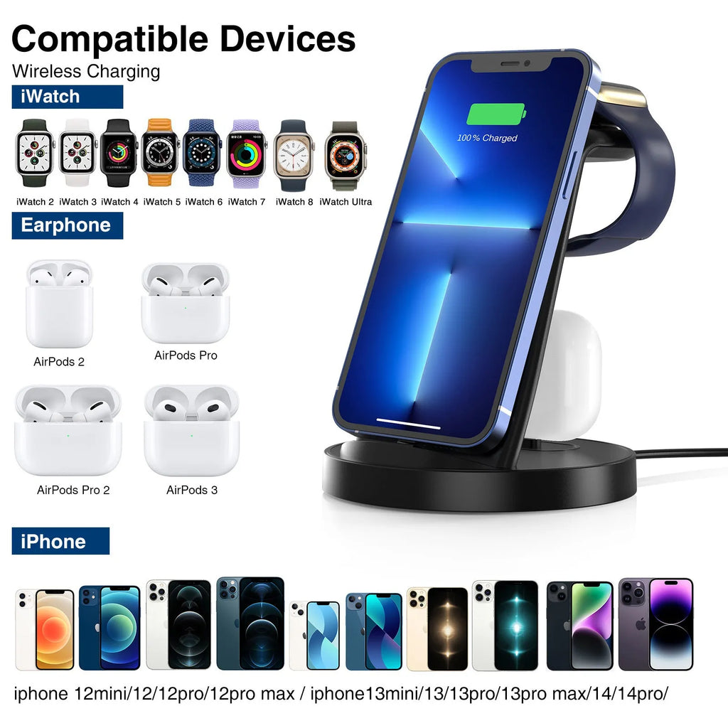 Three-in-one magnetic wireless charger mobile phone holder in white with fixed base