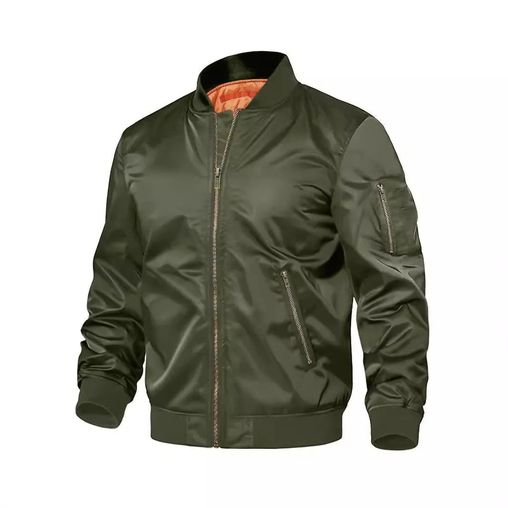 Mens nylon baseball jacket with zipper, regular fit, long sleeves, in army green colour, front view on model