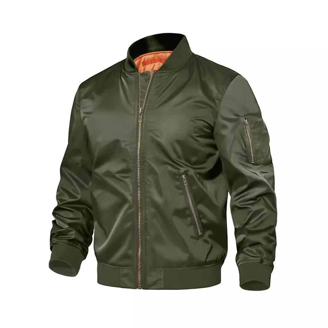 Mens nylon baseball jacket with zipper, regular fit, long sleeves, in army green colour, front view on model
