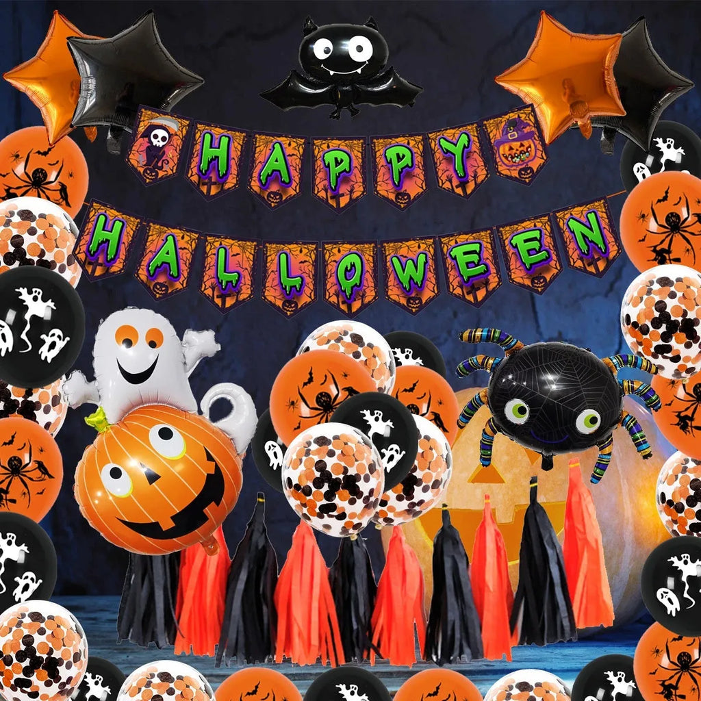 Halloween spider balloon arch decoration set with white and black skull and pumpkin balloons