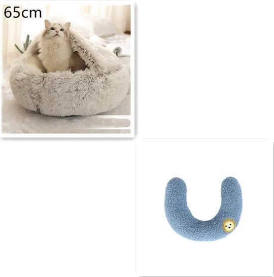 2 in 1 round plush pet bed with PP cotton filling for dogs and cats, available in brown, 65cm size