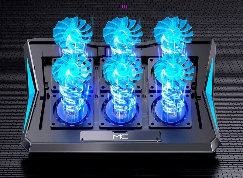 Black foldable laptop cooler with six fans, metal mesh surface and ABS back, 368 x 273 x 28 mm
