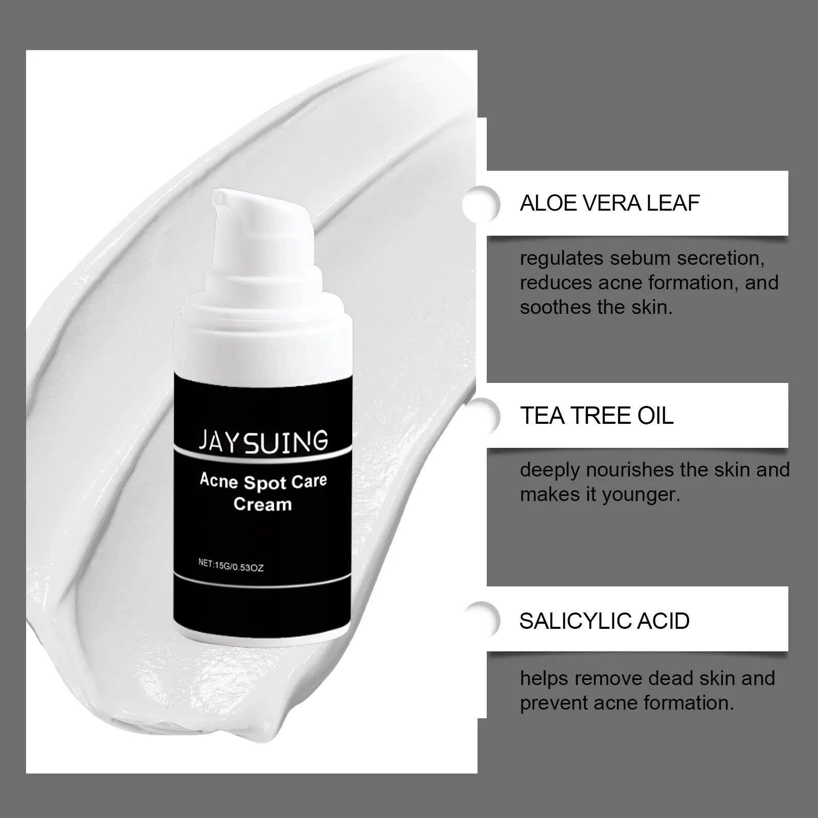 15g jar of hydrating acne cream with mint, tea tree oil and aloe ingredients
