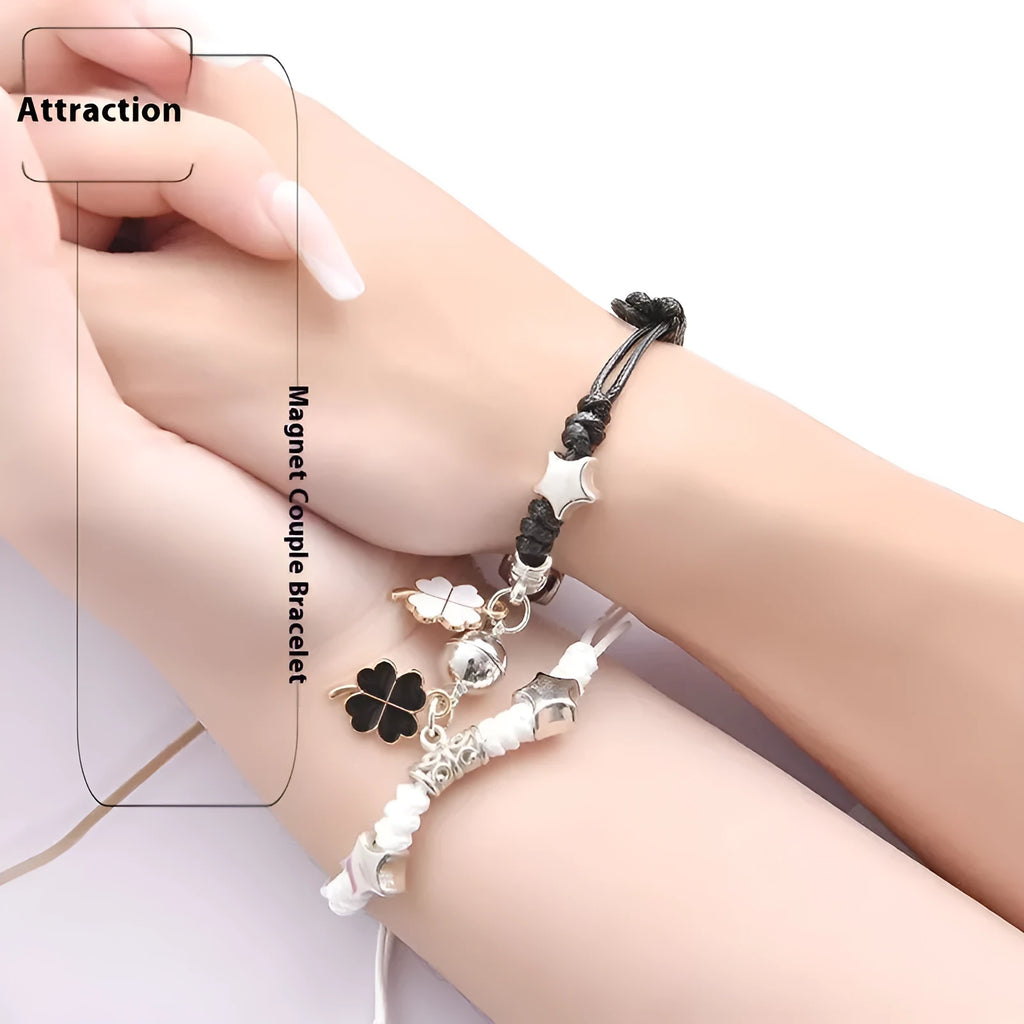 Pair of adjustable alloy magnet bracelets showing designs like a golden key lock, clover, and T5201314 code.