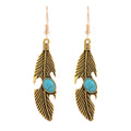 Vintage feather earrings with turquoise inlay leaf pattern in antique gold