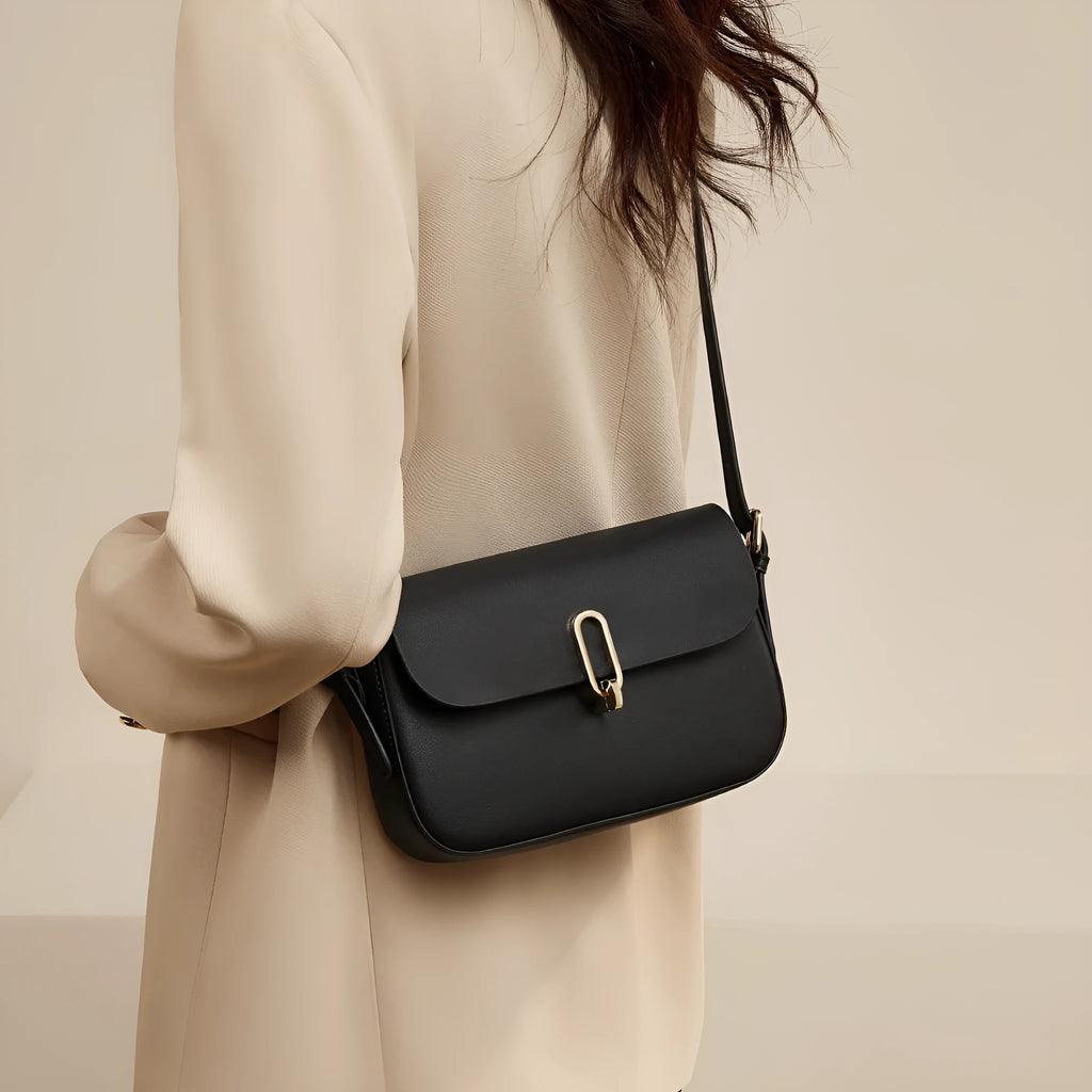 Black genuine cowhide leather square shoulder messenger bag with lock detail