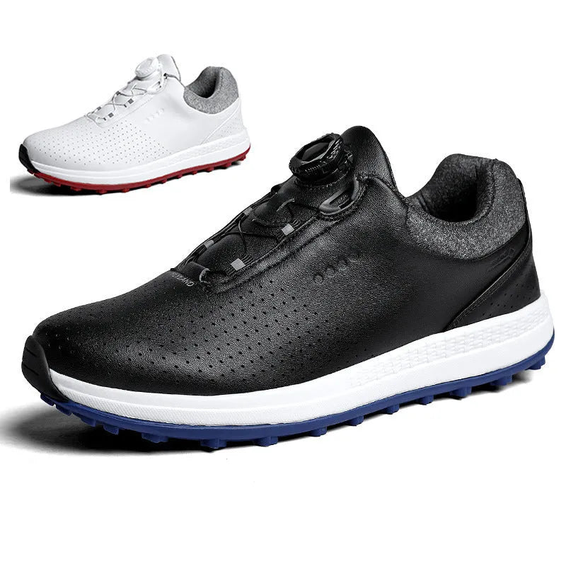 Men's white and black breathable golf shoes with non-slip broken nail sole and round toe.