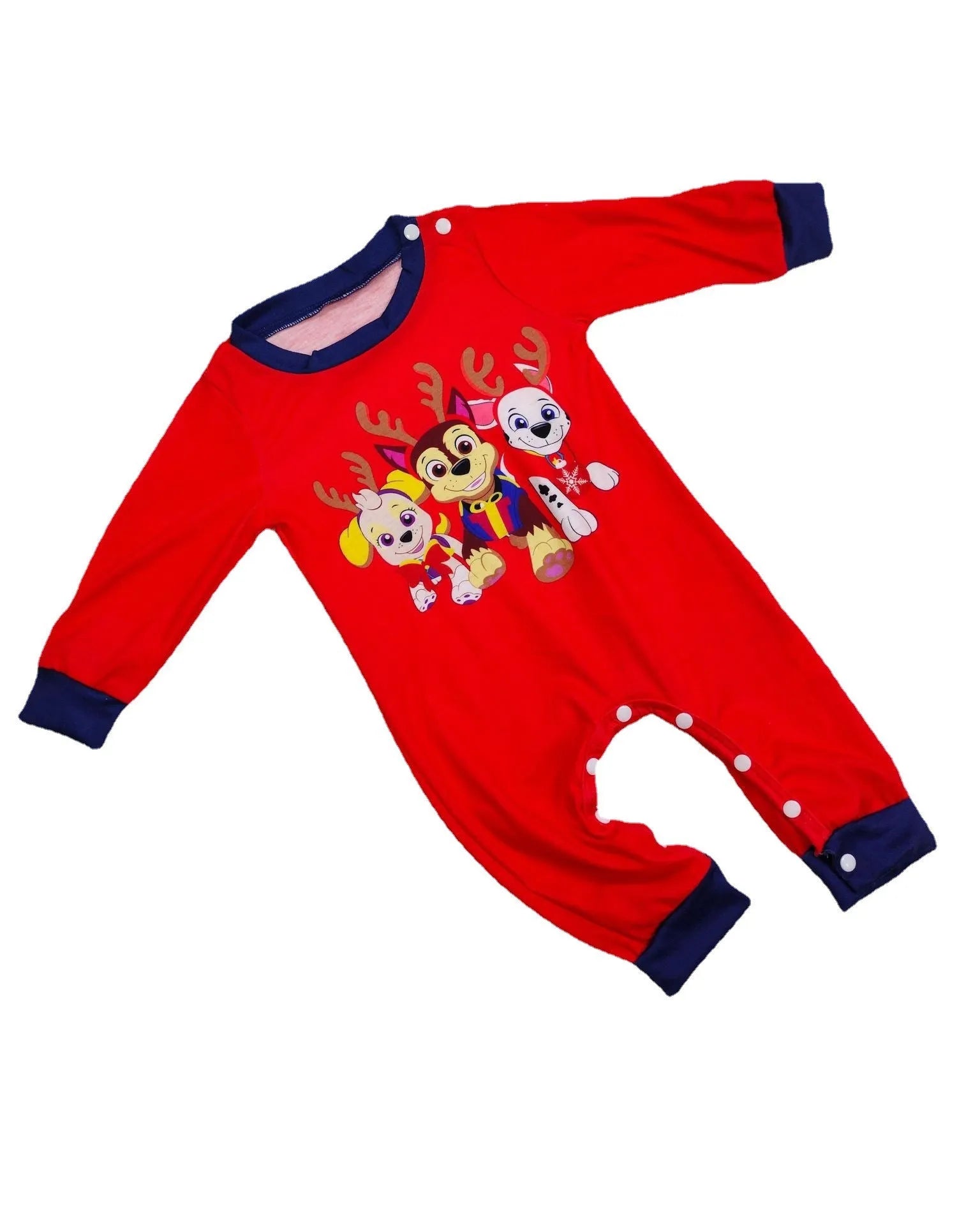 Matching red and black plaid Christmas pyjamas with deer print for men, women, children, and a dog