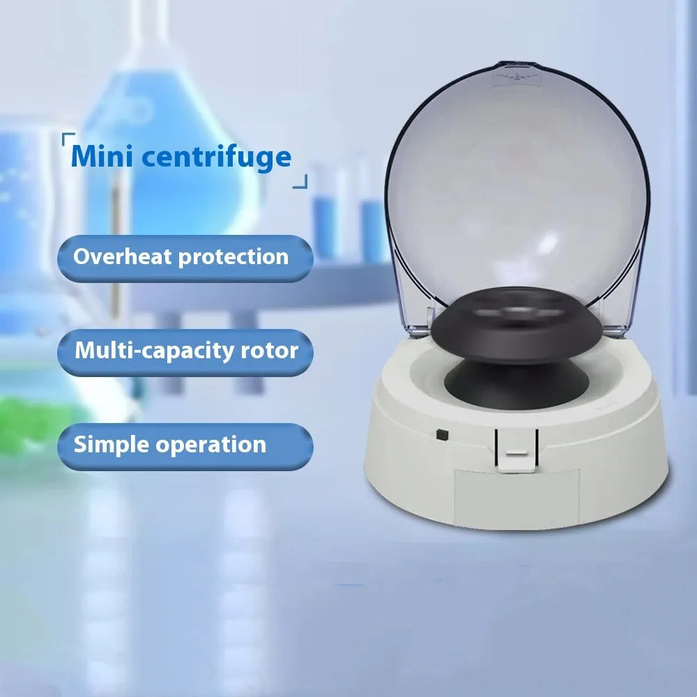 Mini laboratory centrifuge with compact 157×170×120 mm dimensions and 7000 rpm maximum speed