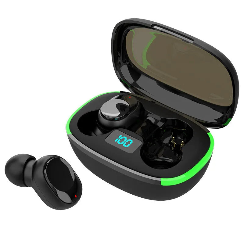 Black Y80 wireless Bluetooth earphones with digital power display showing battery level