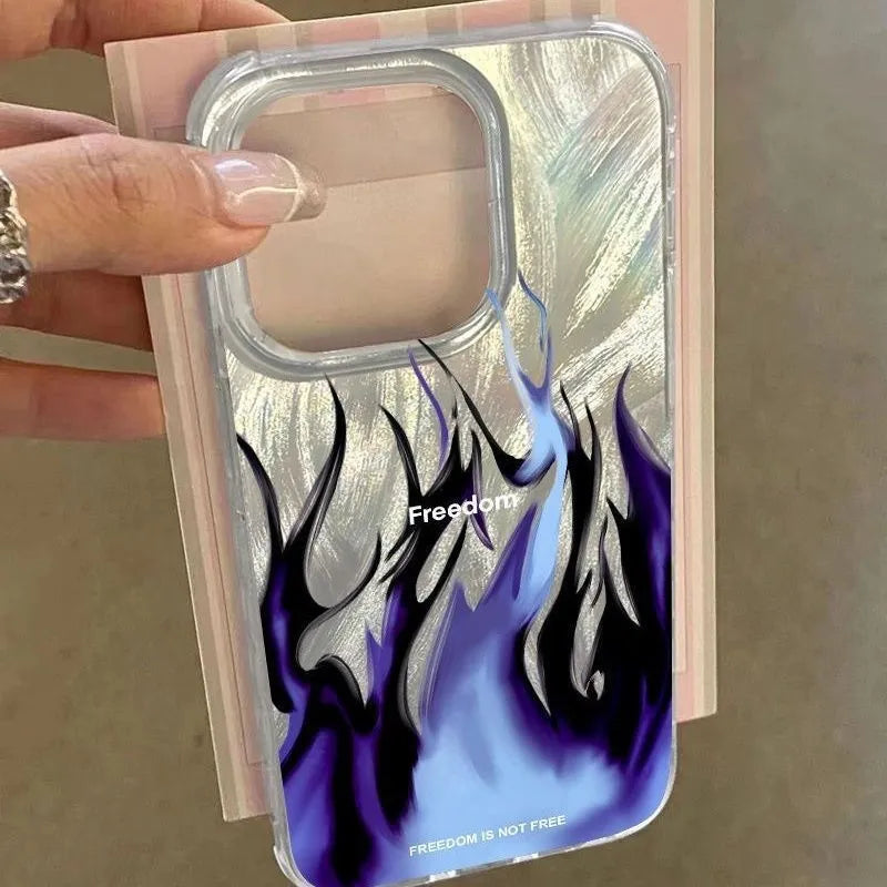 Blue and red flame design on a black silicone iPhone case showing full edge coverage.