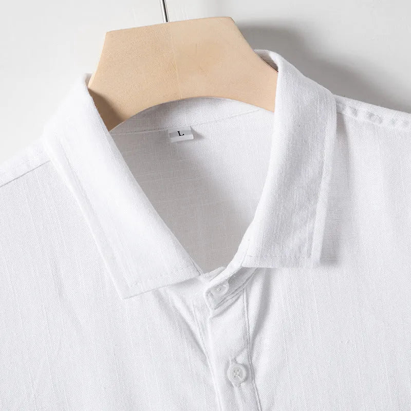 Men's loose lapel short sleeve linen blend T-shirt in solid colours on a size chart.