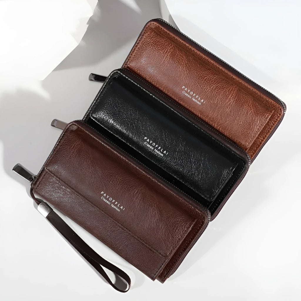 Men's black casual long PU leather wallet with multiple card slots shown open.
