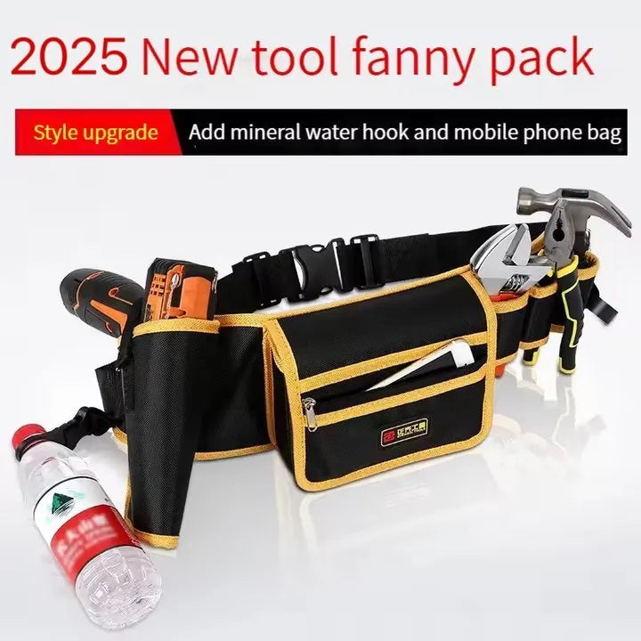 Yellow canvas electrician tool waist bag with belt and multi-function storage for small repair tools