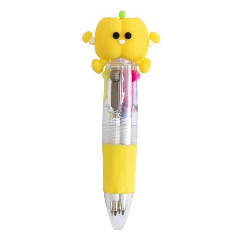 Four-colour press ballpoint pen with cartoon design showing cactus, fast food, and fruit vegetable patterns