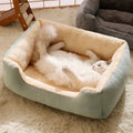 Short plush cat bed in chosen colour showing size options from 45x30cm to 80x60cm