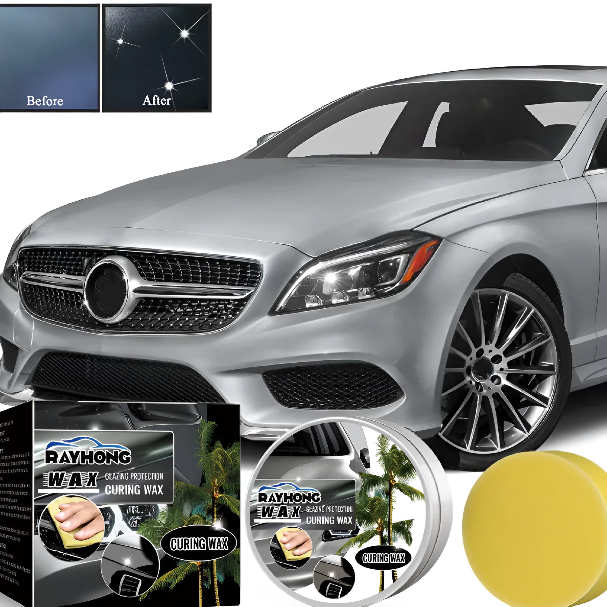 100g car coating wax tin and square sponge applicator for paint protection.