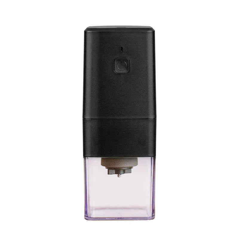 Square electric coffee bean grinder in black with USB Type-C charging port and copper motor, 25-30g capacity